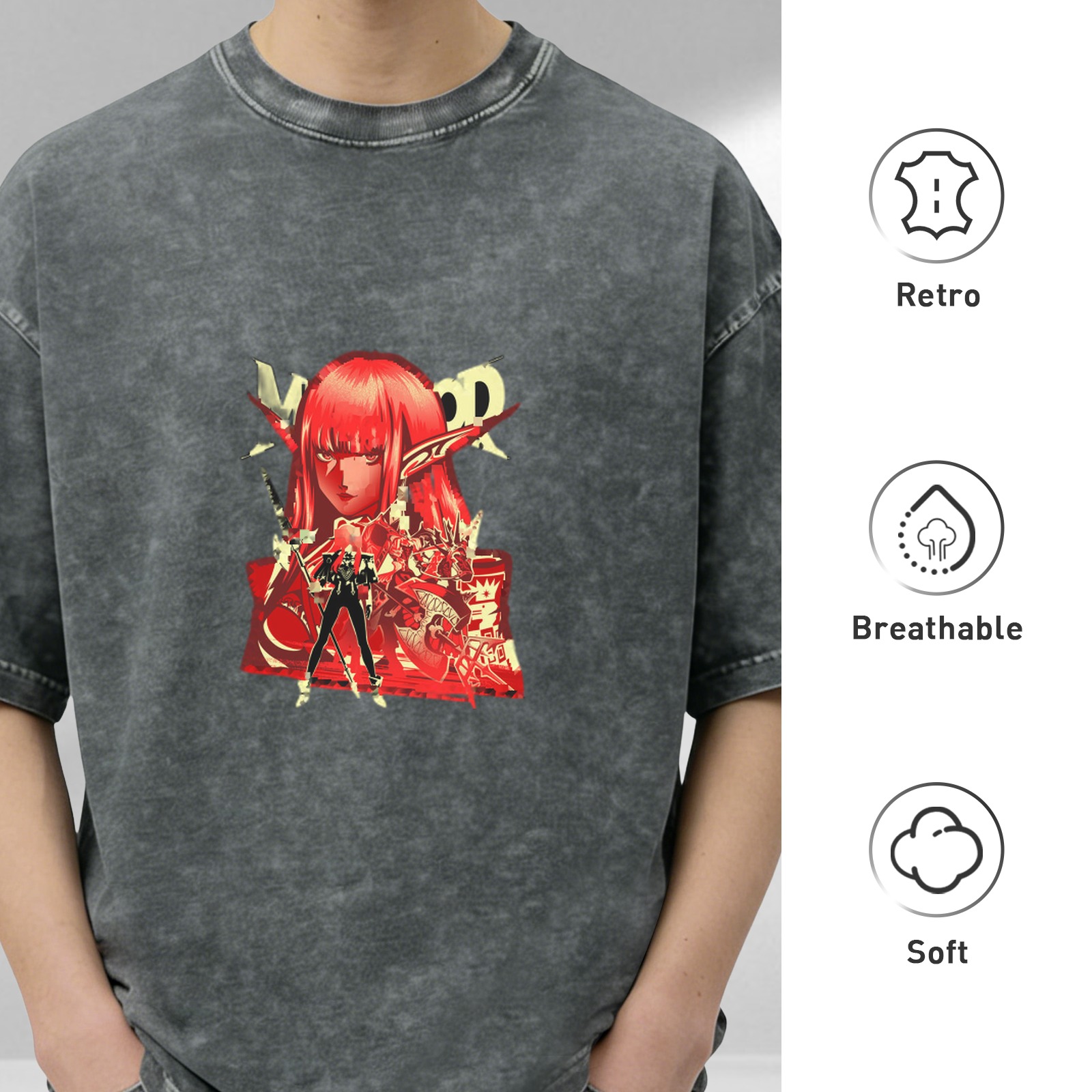 Oversized Acid Wash T-Shirt with Anime Elf Warrior Graphic Print
