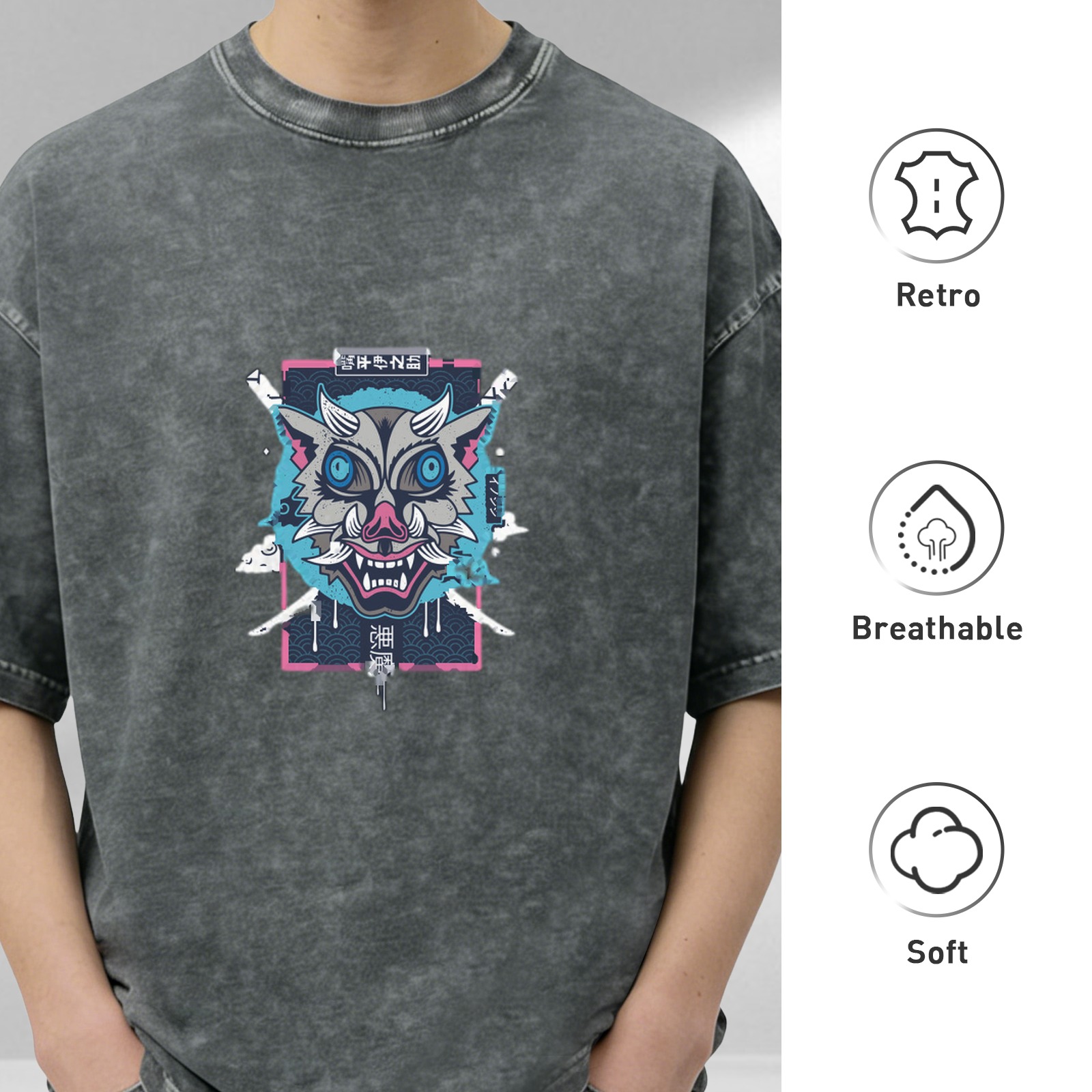 Washed Black Oversized T-Shirt With Japanese Demon Mask Graphic