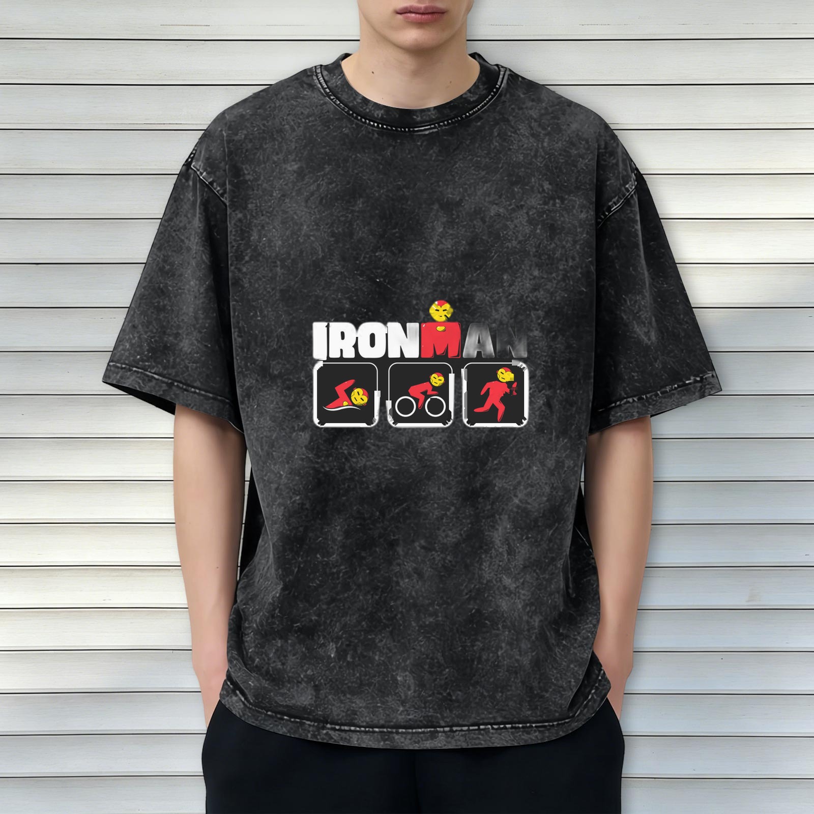 Ironman Triathlon Themed Acid Wash Cotton T-Shirt