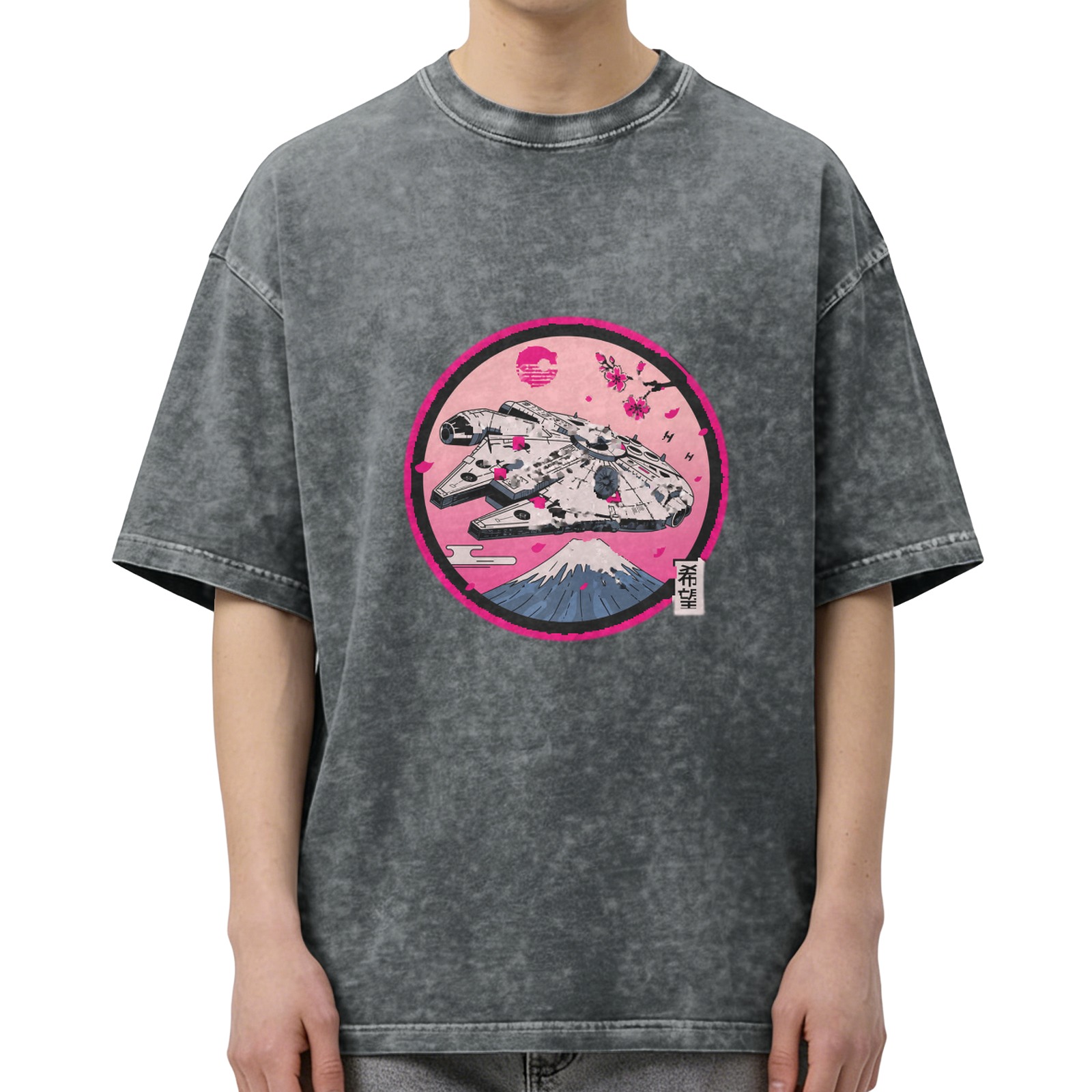 Star Wars Millennium Falcon Japanese Sakura Mount Fuji Acid Wash Oversized T-Shirt