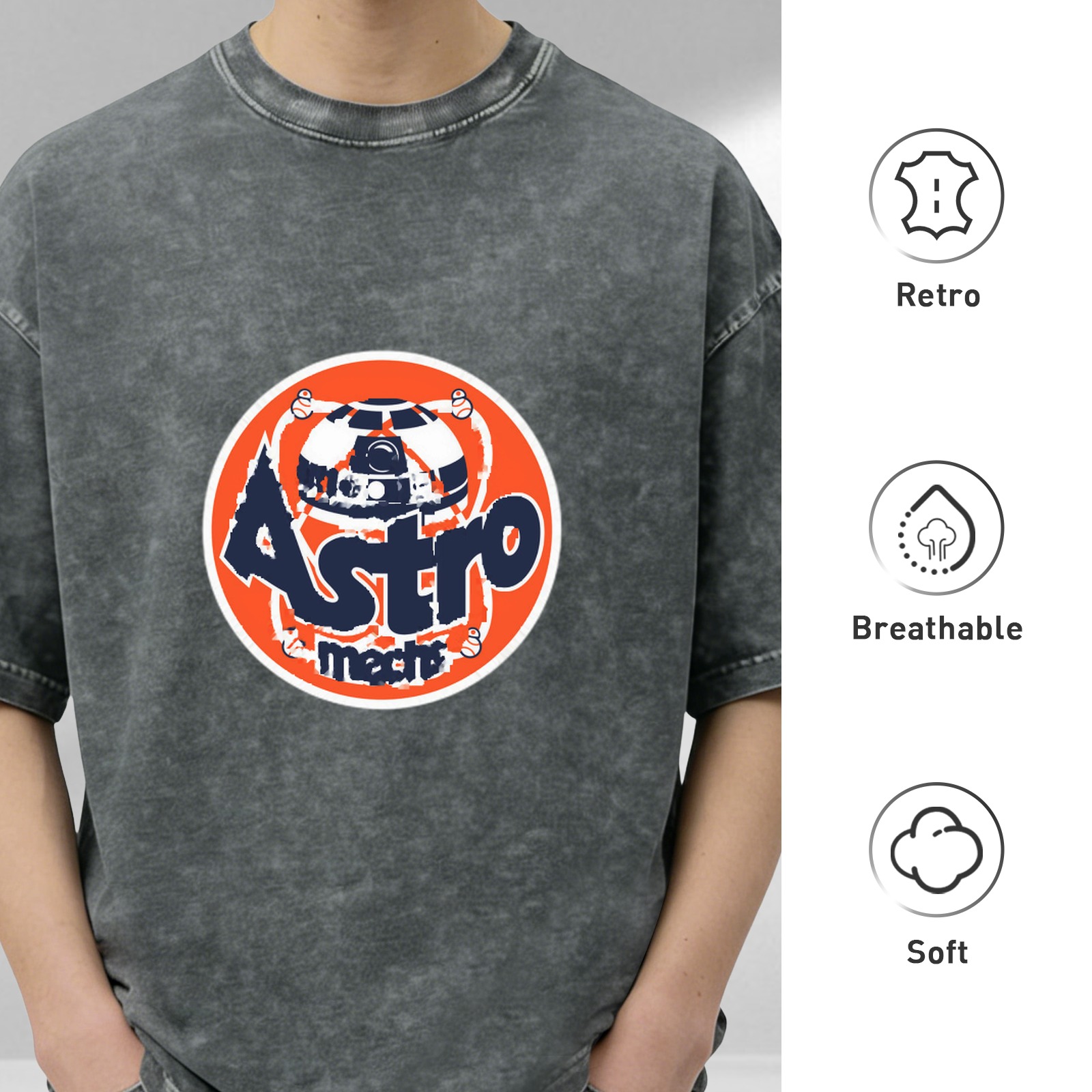 Distressed washed black round neck short-sleeved T-shirt Retro Astro themed printed casual top
