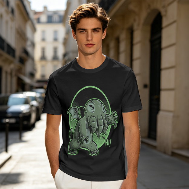 Olive T-Shirt Featuring Cute Cartoon Cthulhu Saying Hi