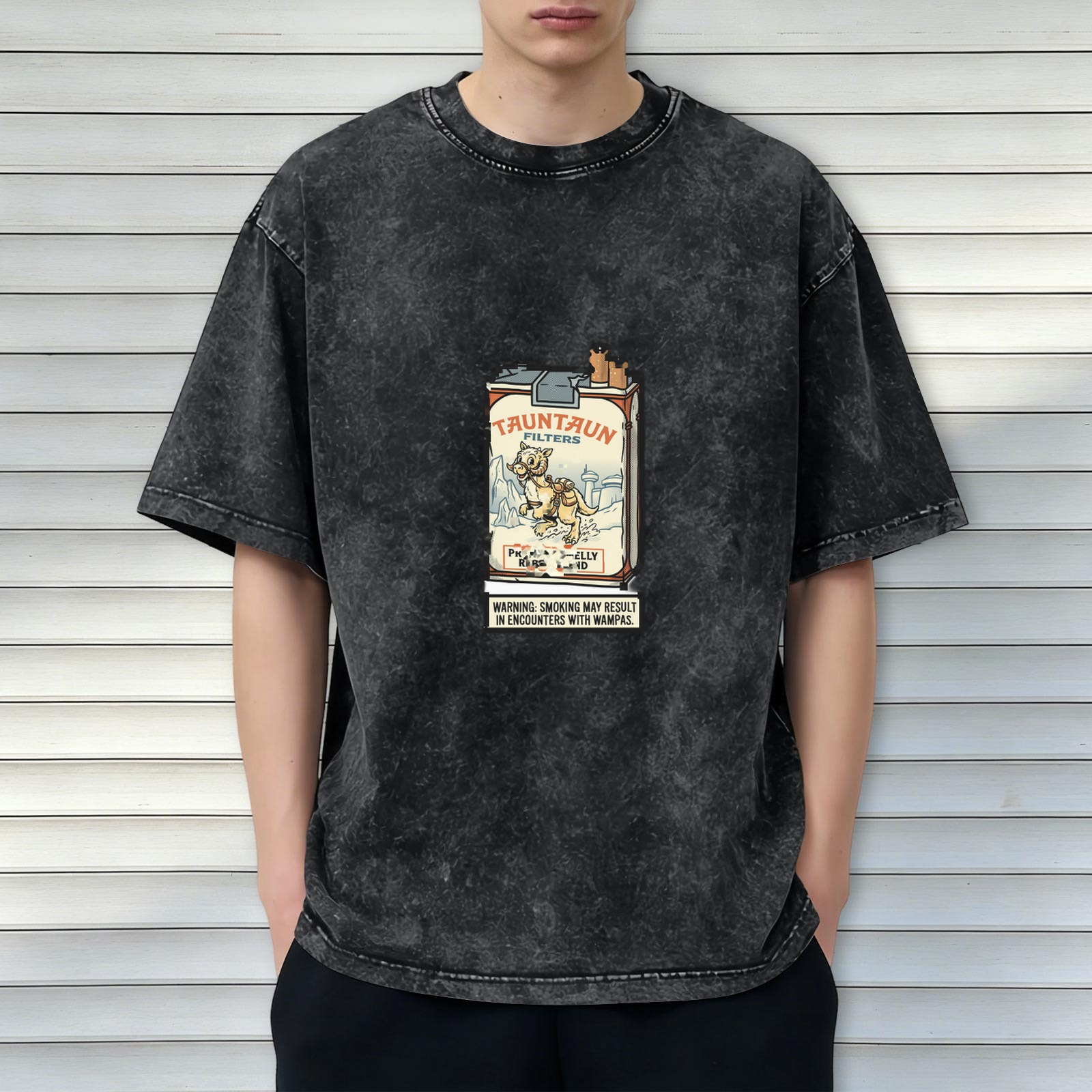 Washed Black T-Shirt With Tauntaun Cigarette Pack Graphic