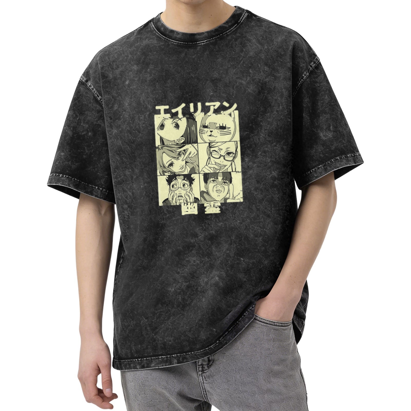 Anime Graphic Print Acid-Wash Oversized T-Shirt