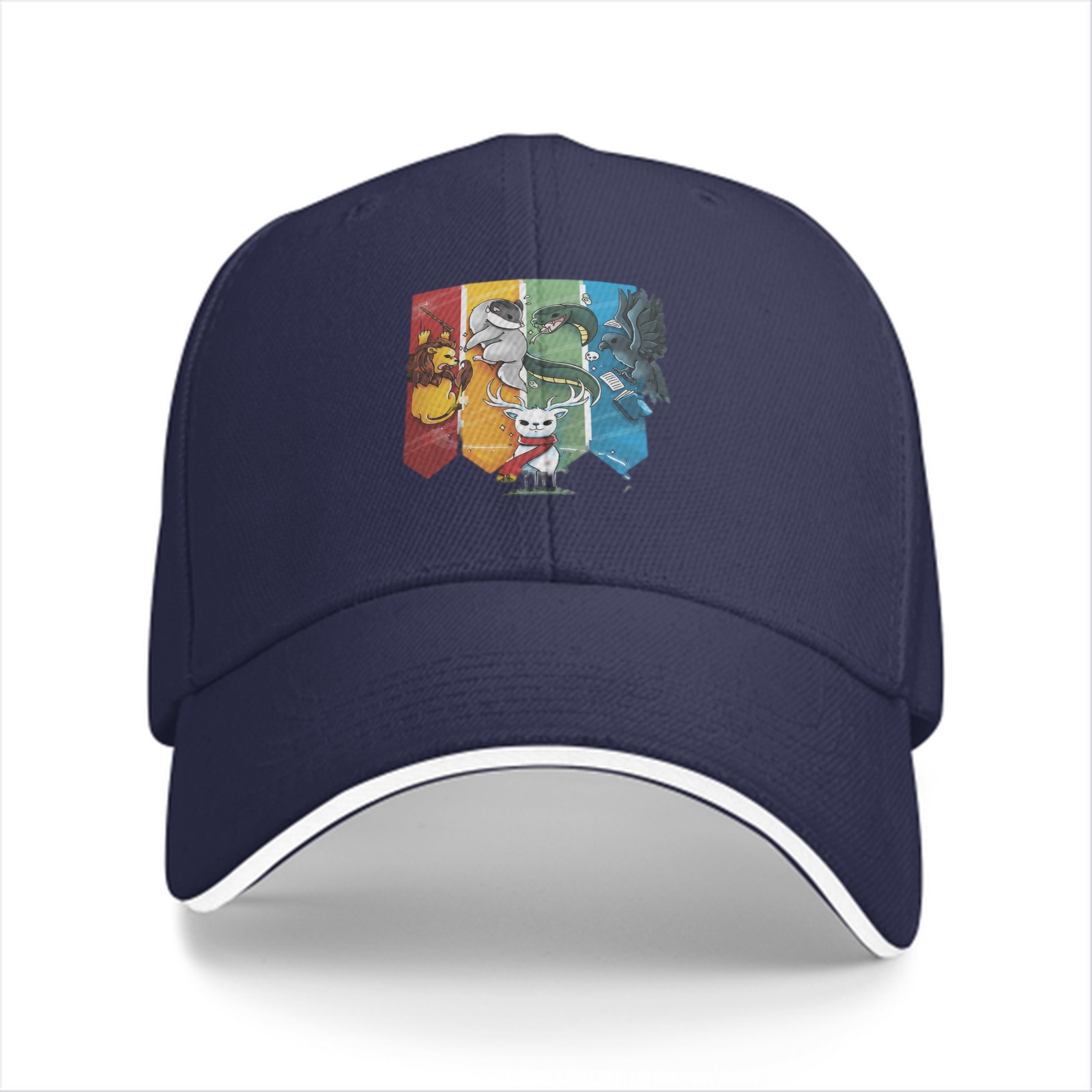 Black baseball cap with Harry Potter house mascots graphic
