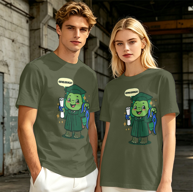 Olive T-shirt with Graduation Turtle Saying Cowabunga