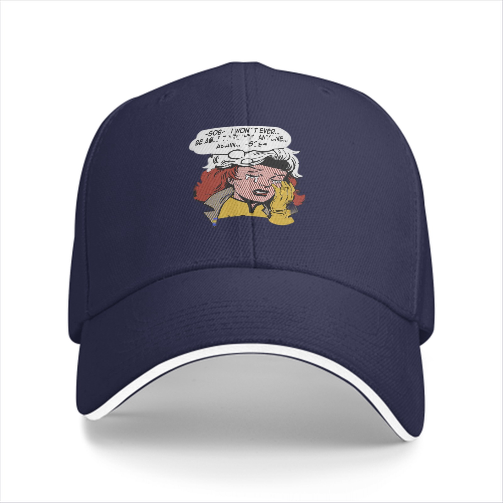 Black baseball cap with crying comic character print