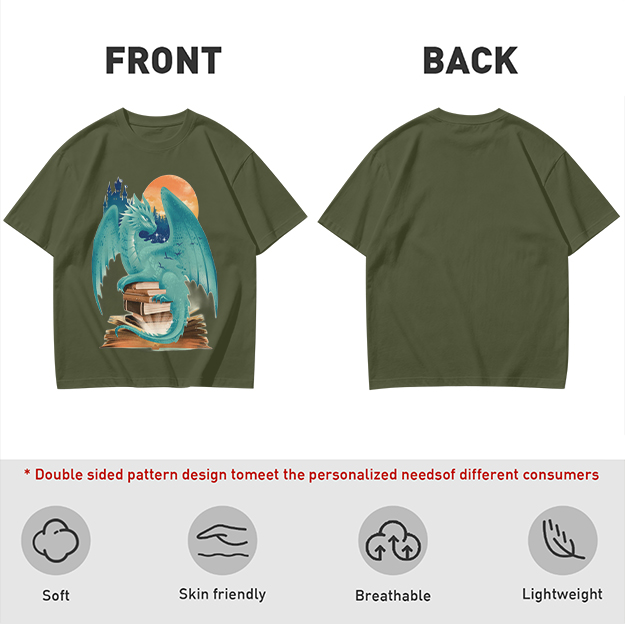 Teal Dragon Perched on Stacked Books Fantasy Graphic T-Shirt