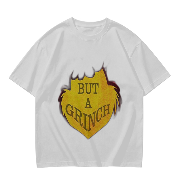 Olive green t-shirt with 'But A Grinch' graphic print