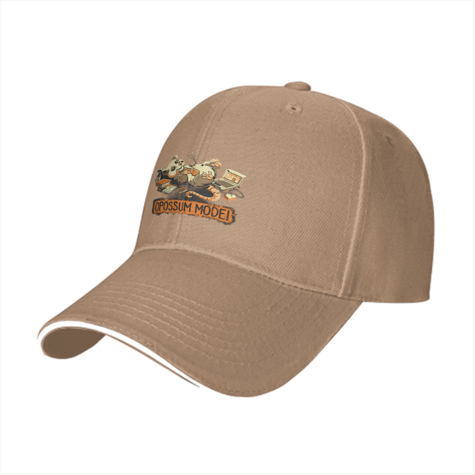 Black baseball cap with relaxed opossum 'OPOSSUM MODE!' graphic