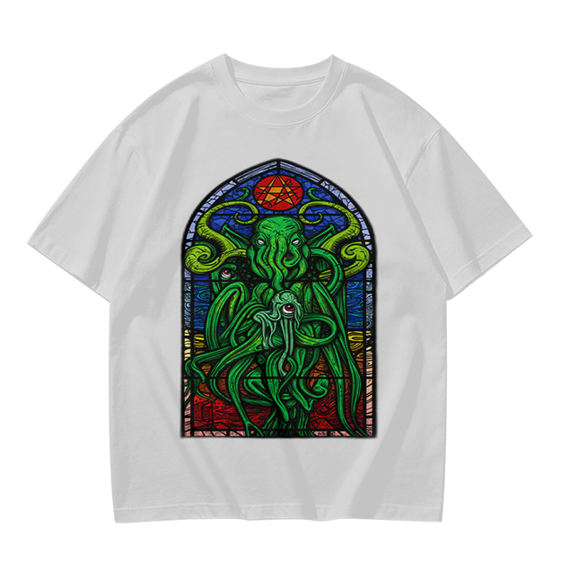 Olive T-Shirt with Cthulhu Stained Glass Style Graphic