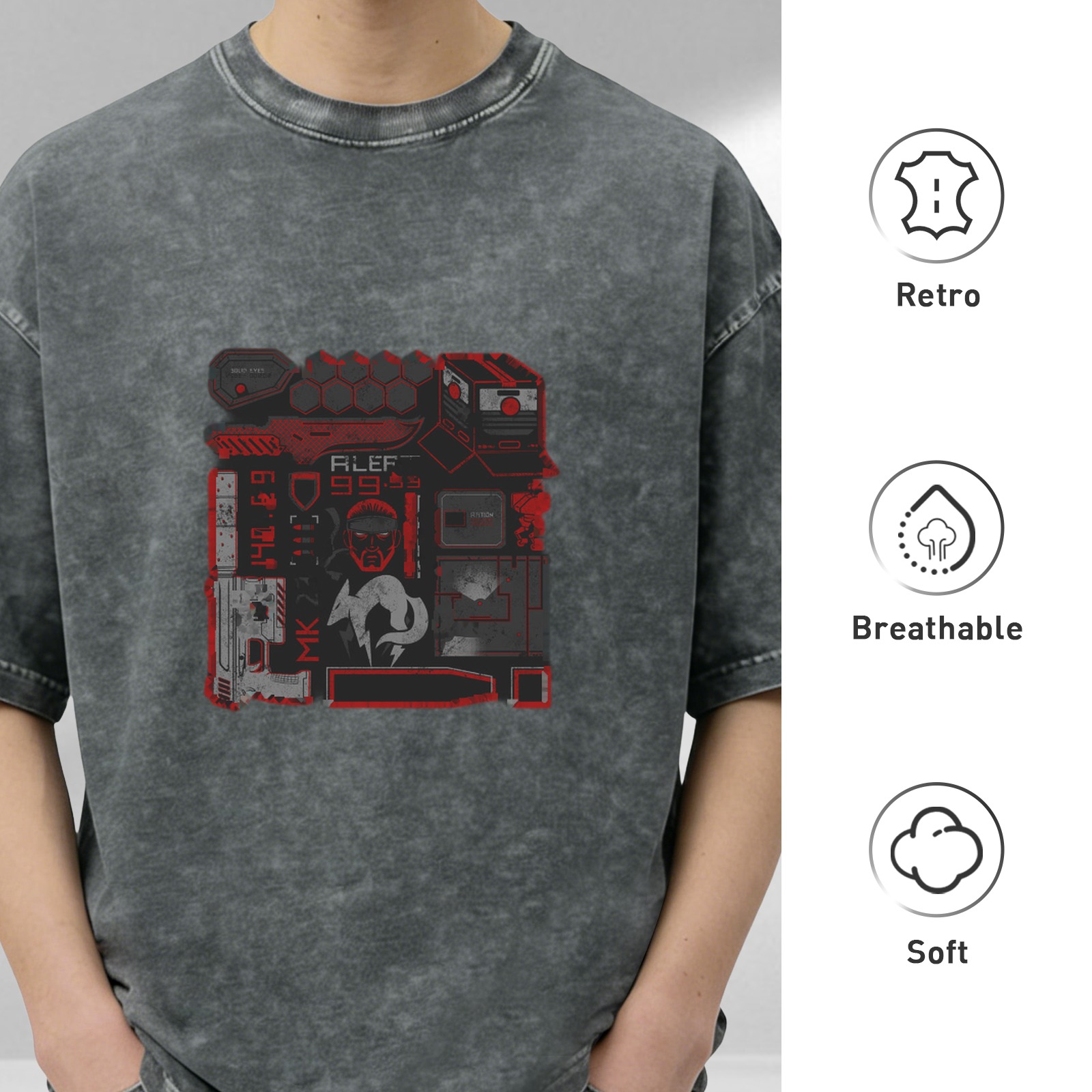 Oversized Stonewashed Black T-Shirt With Cyberpunk Tactical Graphic Print