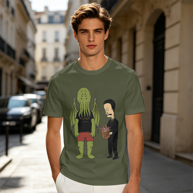 Olive T-Shirt Featuring Cthulhu and Beavis in Suits Graphic