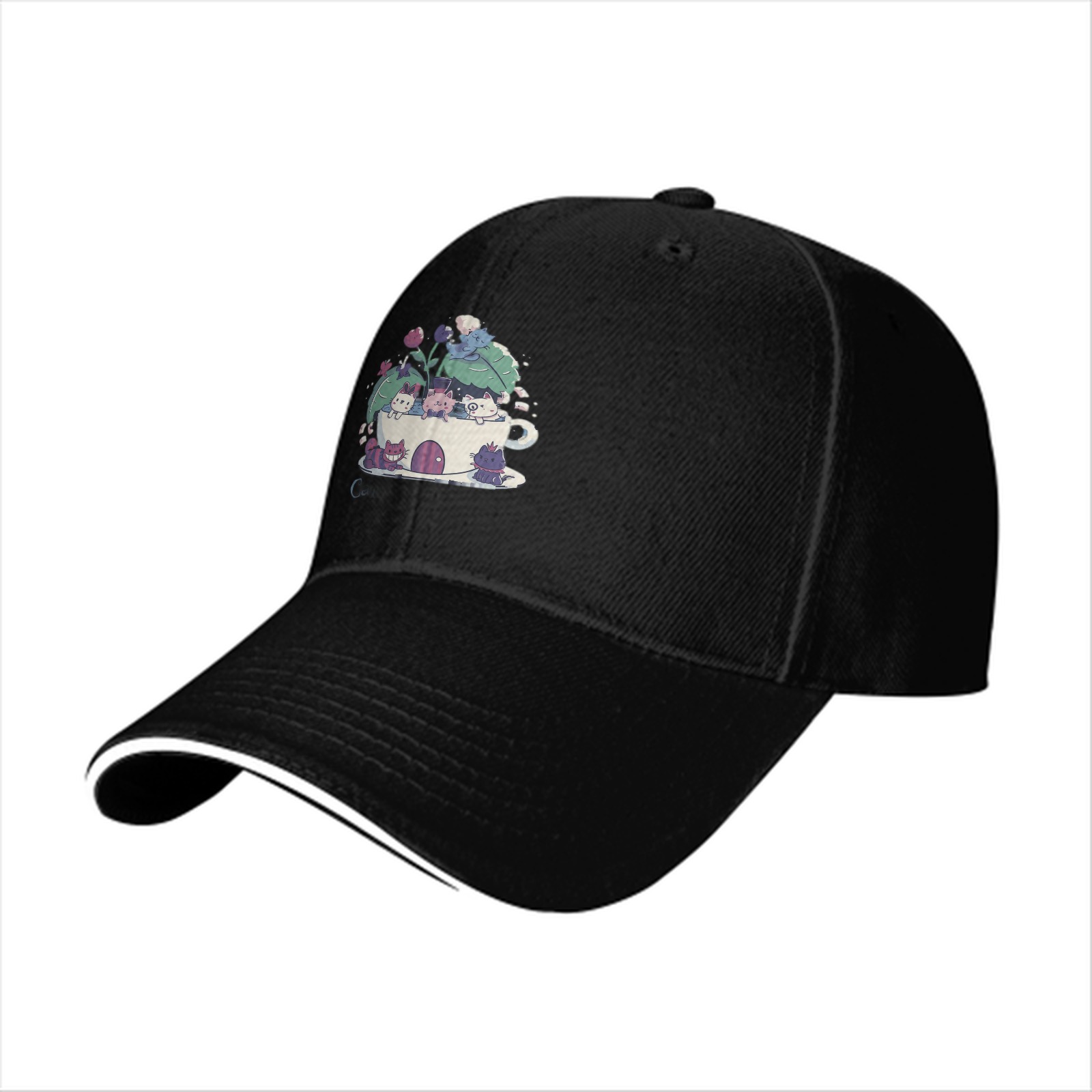 Black Baseball Cap With Cute Teacup Kittens Graphic