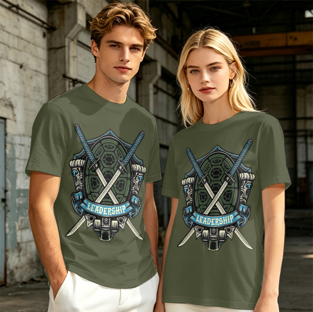 Olive T-Shirt with Ninja Turtle Leadership Katana Crest Print