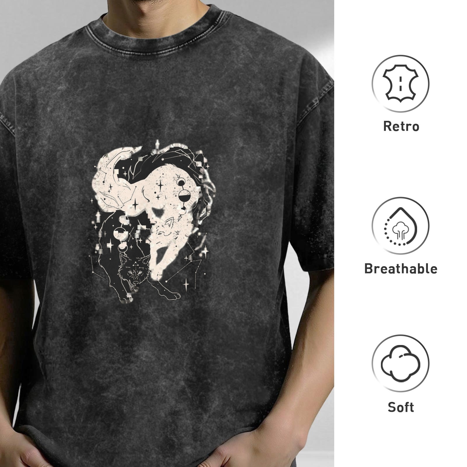Distressed black loose short-sleeved T-shirt with starry sky nine-tailed fox pattern