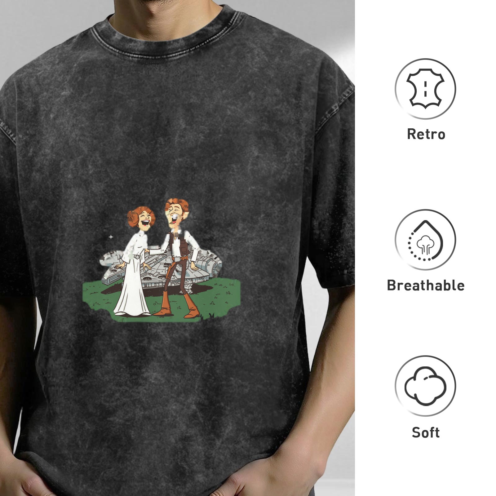 Washed black t-shirt with laughing Star Wars characters and Millennium Falcon print