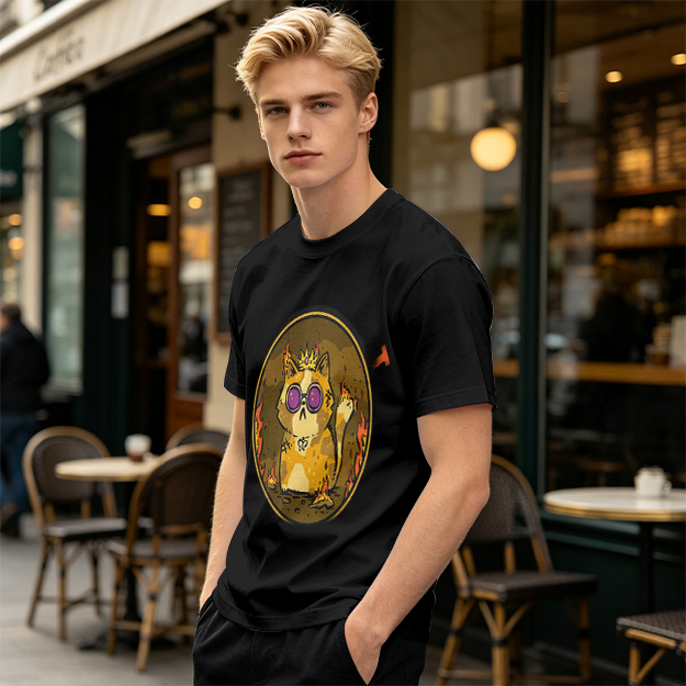 Olive T-Shirt With Flaming Royal Cat Wearing Sunglasses Print