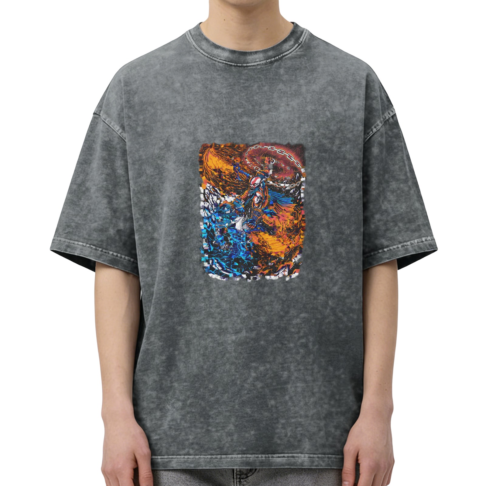 Oversized Acid Wash Graphic T-Shirt with Fire and Water Art Print