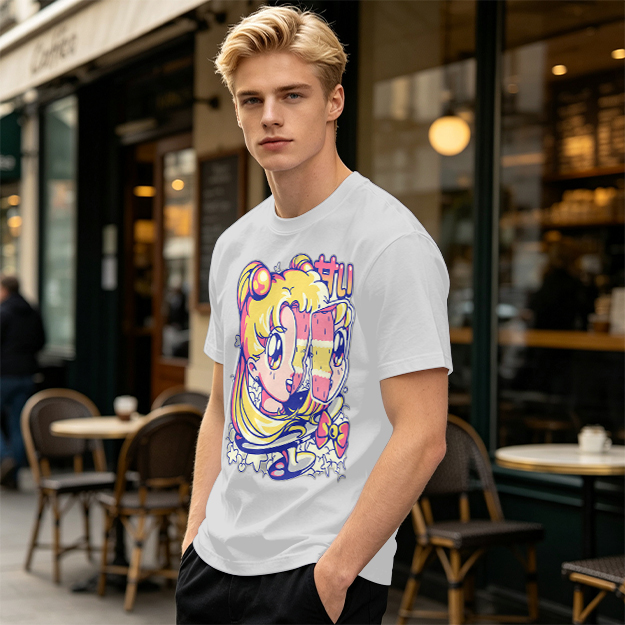 Olive T-Shirt With Glitch Anime Girl Graphic Print
