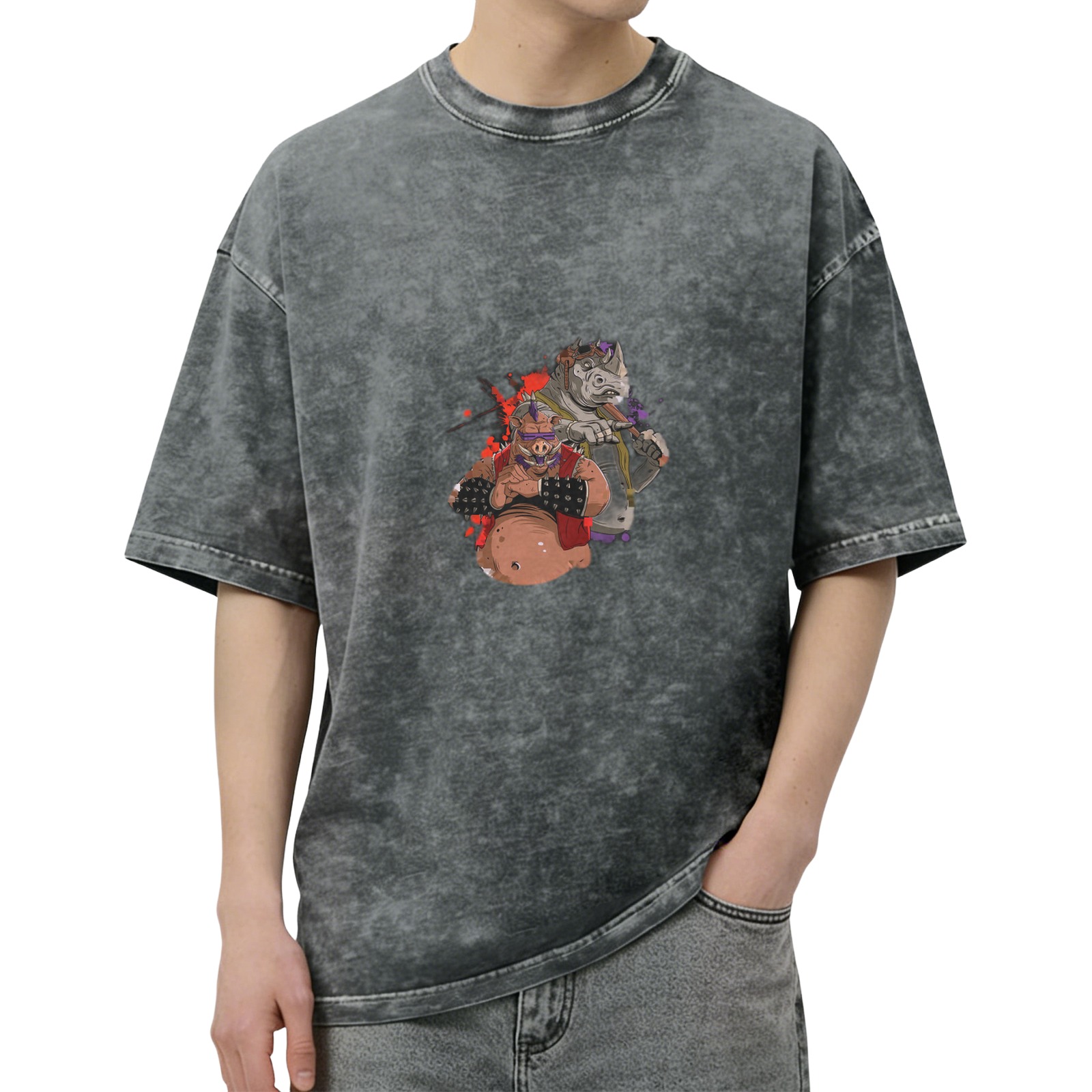 Washed Black Oversized T-Shirt With Bebop And Rocksteady Graphic