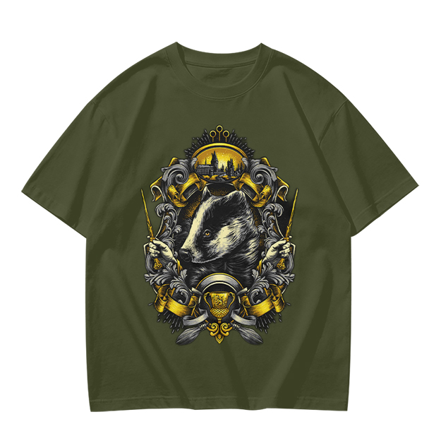 Olive T-shirt with Badger Crest Magical Artwork Print