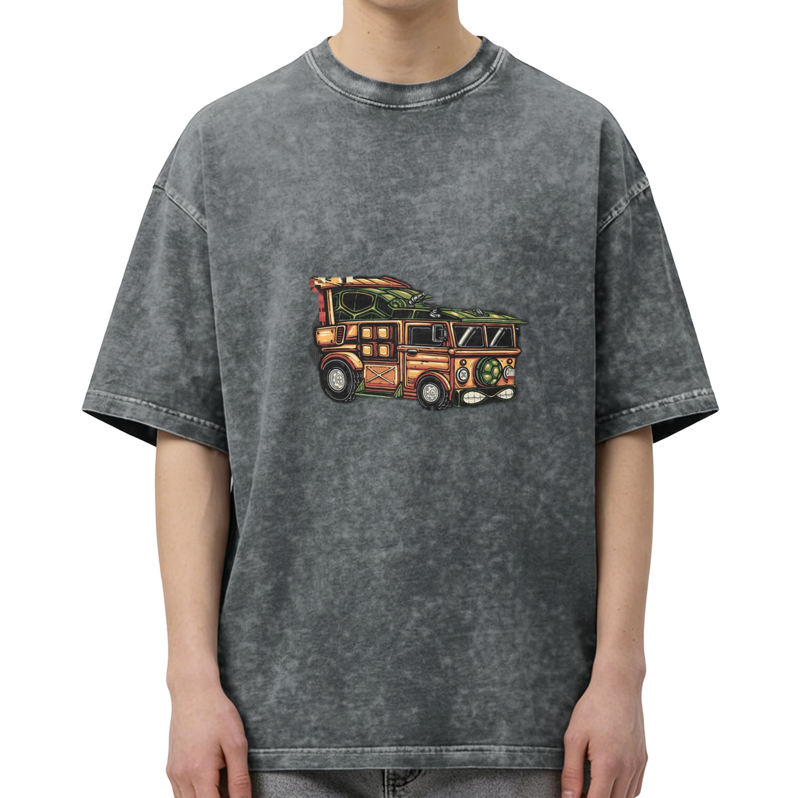 Oversized Acid Wash T-Shirt With Cartoon Turtle Van Print
