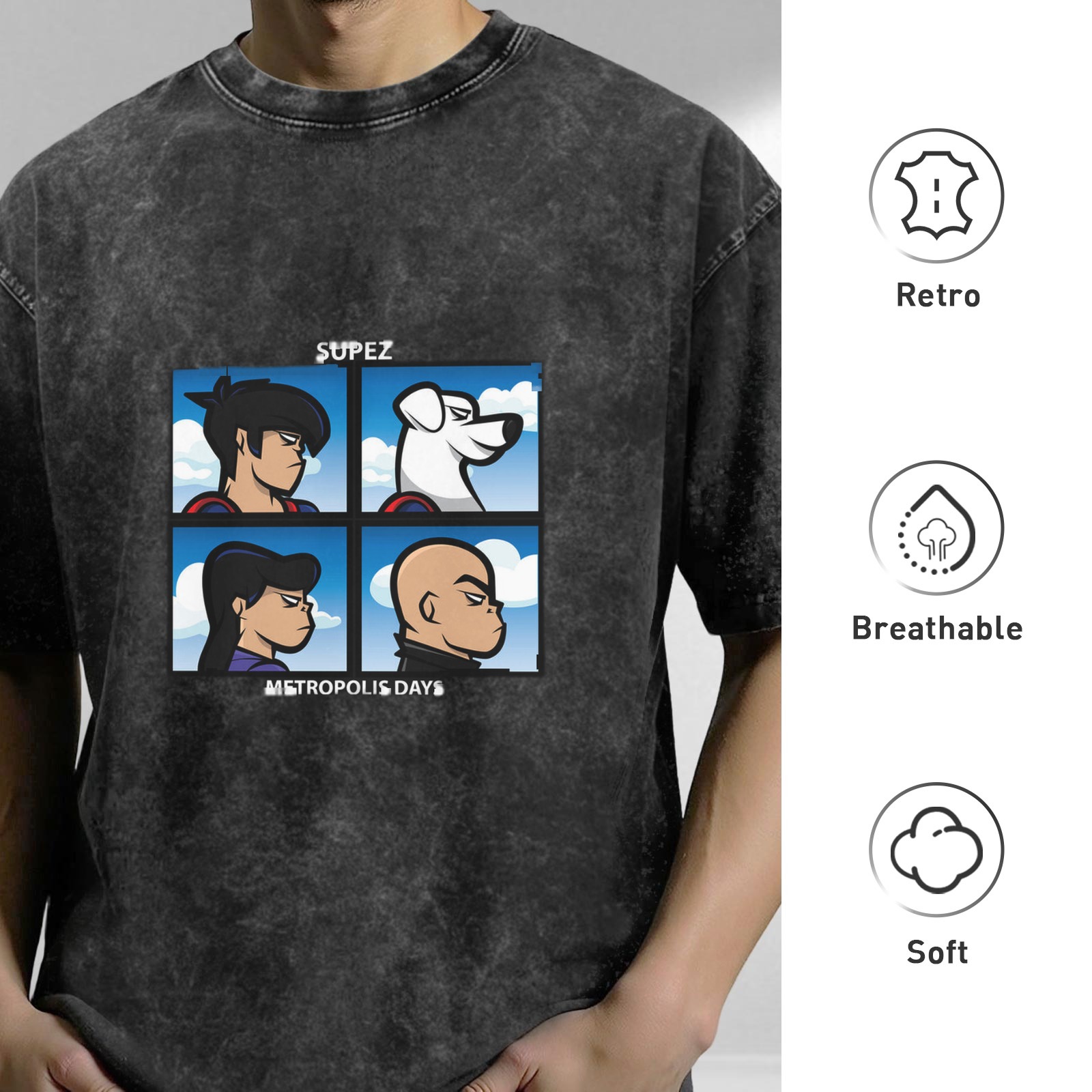 Washed Black T-Shirt With Four Panel Superhero Character Artwork