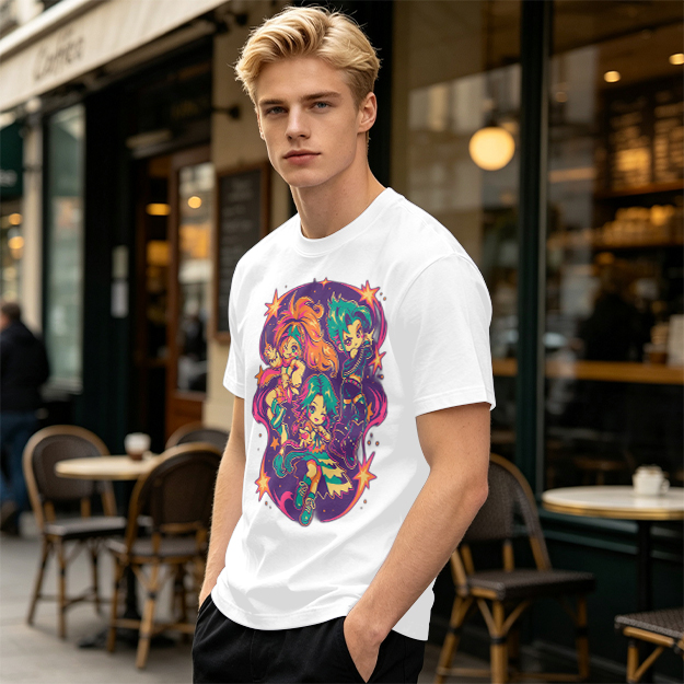 Olive T-Shirt With Vibrant Anime Chibi Characters Graphic Print