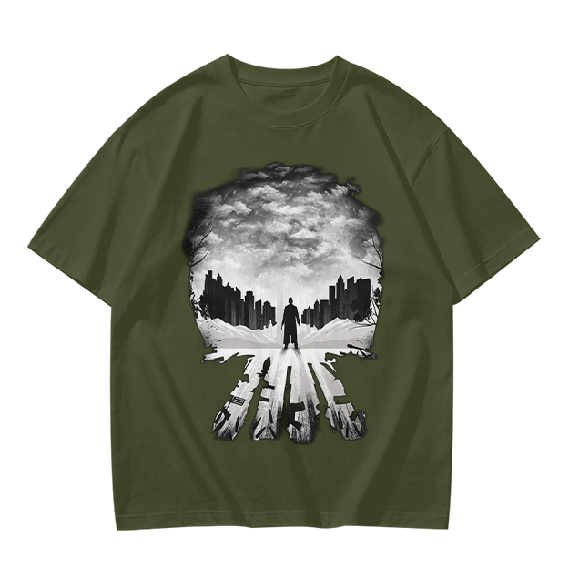 Olive Green T-Shirt With Skull Silhouette Cityscape Artwork
