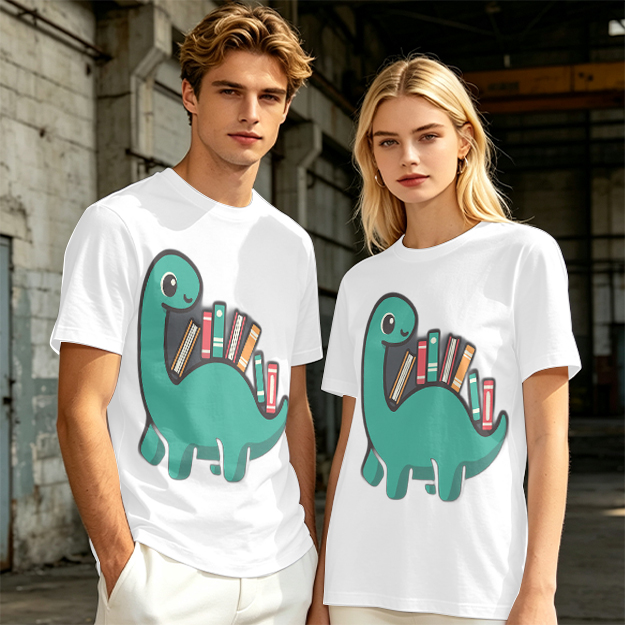 Olive T-shirt with cute dinosaur carrying books graphic
