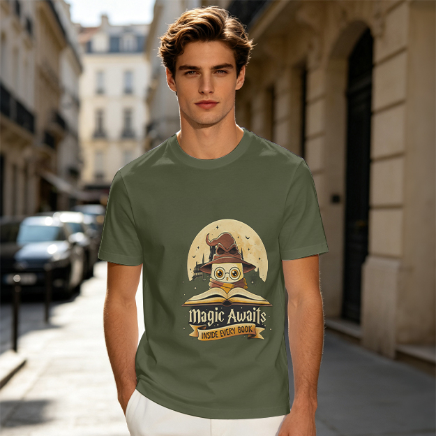 Owl with Wizard Hat on Open Book 'Magic Awaits' T-Shirt