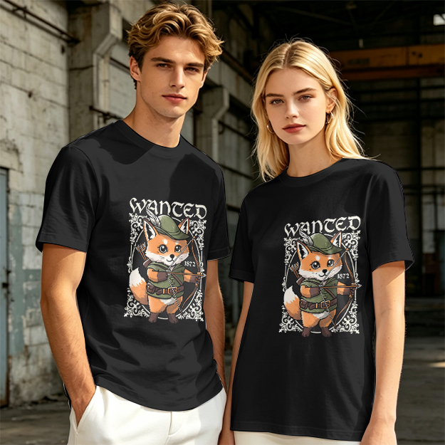 Olive green t-shirt with cute fox archer 'WANTED' graphic