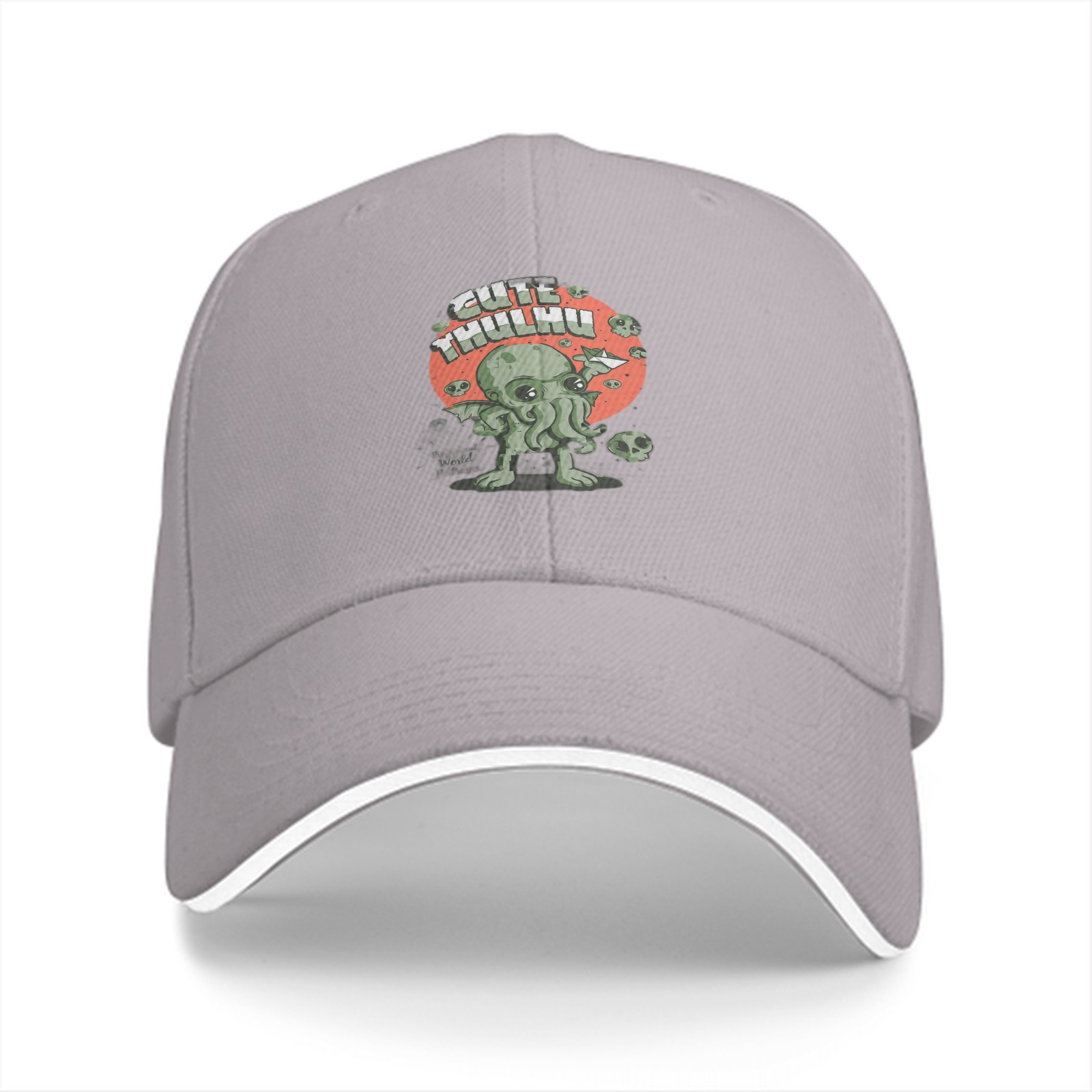 Black baseball cap with cute Cthulhu graphic and skulls