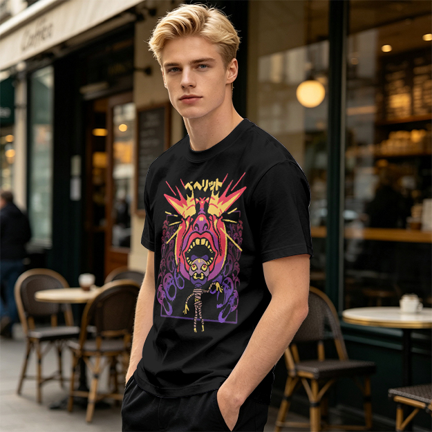 Olive t-shirt with surreal demon and ghost graphic print