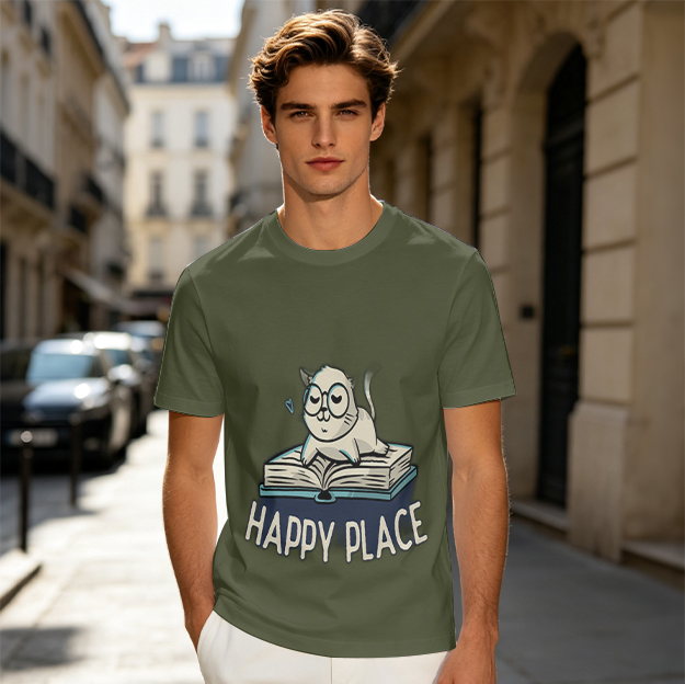 Olive T-Shirt With Relaxed Cat On Book 'Happy Place' Print