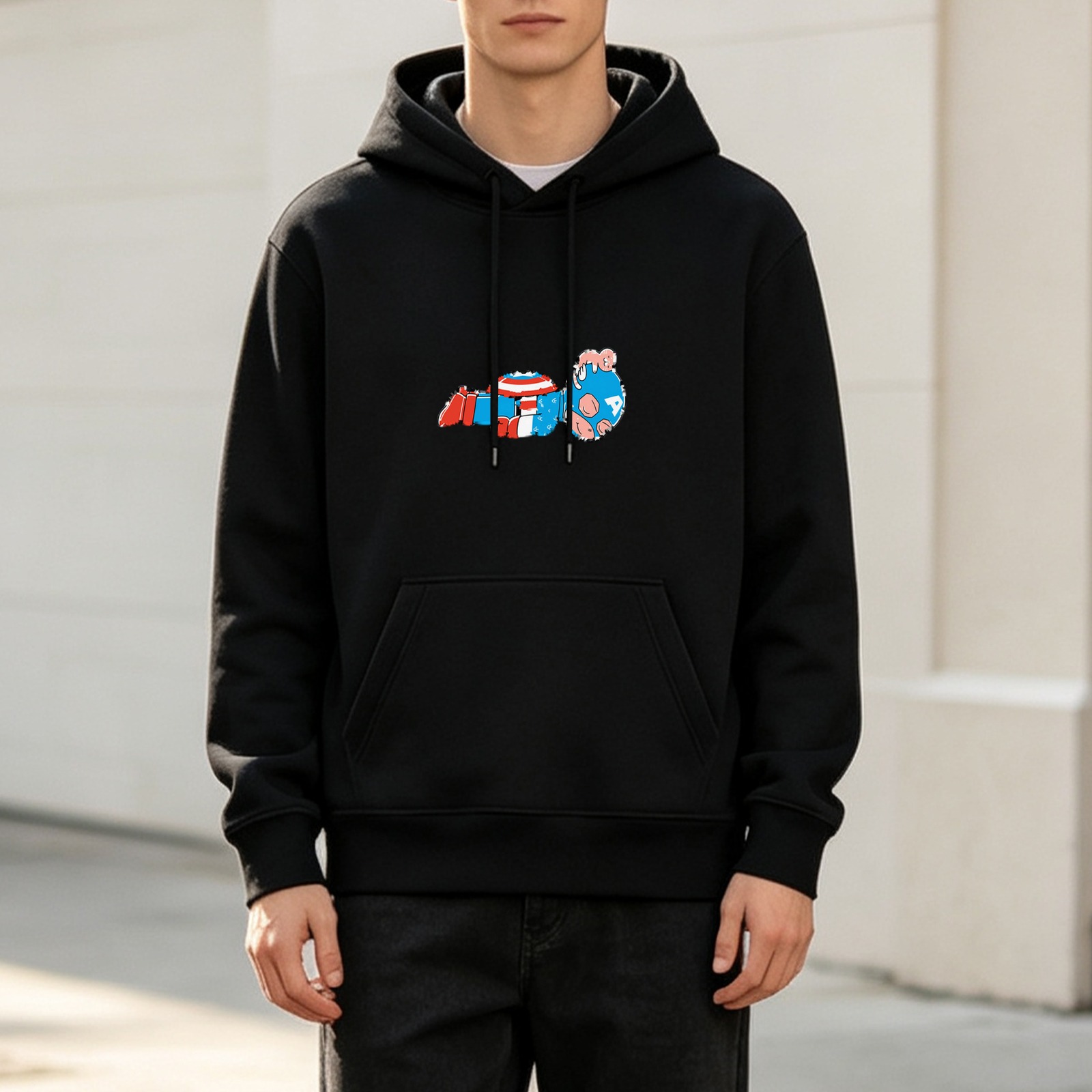 Black Hoodie With Chibi Captain America Graphic Print