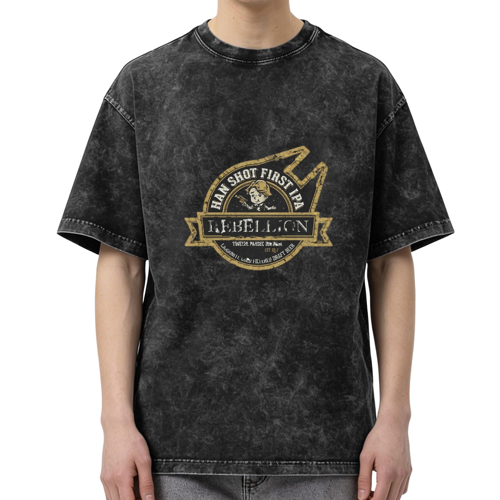 Distressed washed black round neck short-sleeved T-shirt Star Wars themed fun printed casual top
