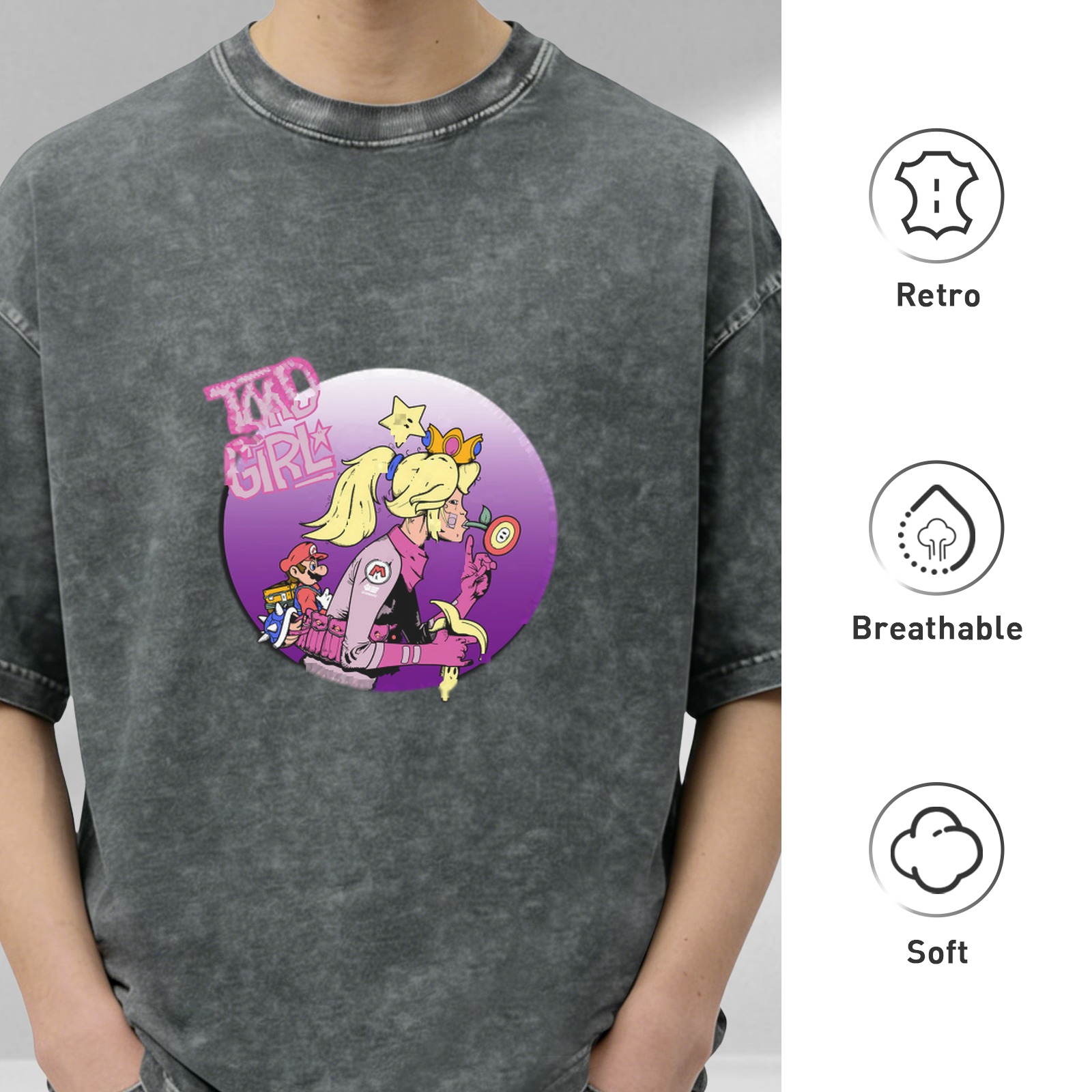 acid wash t-shirt with mario kart princess peach graphic
