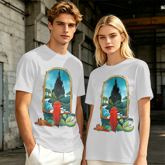 Olive T-Shirt With Mermaid Looking At Castle Art Print