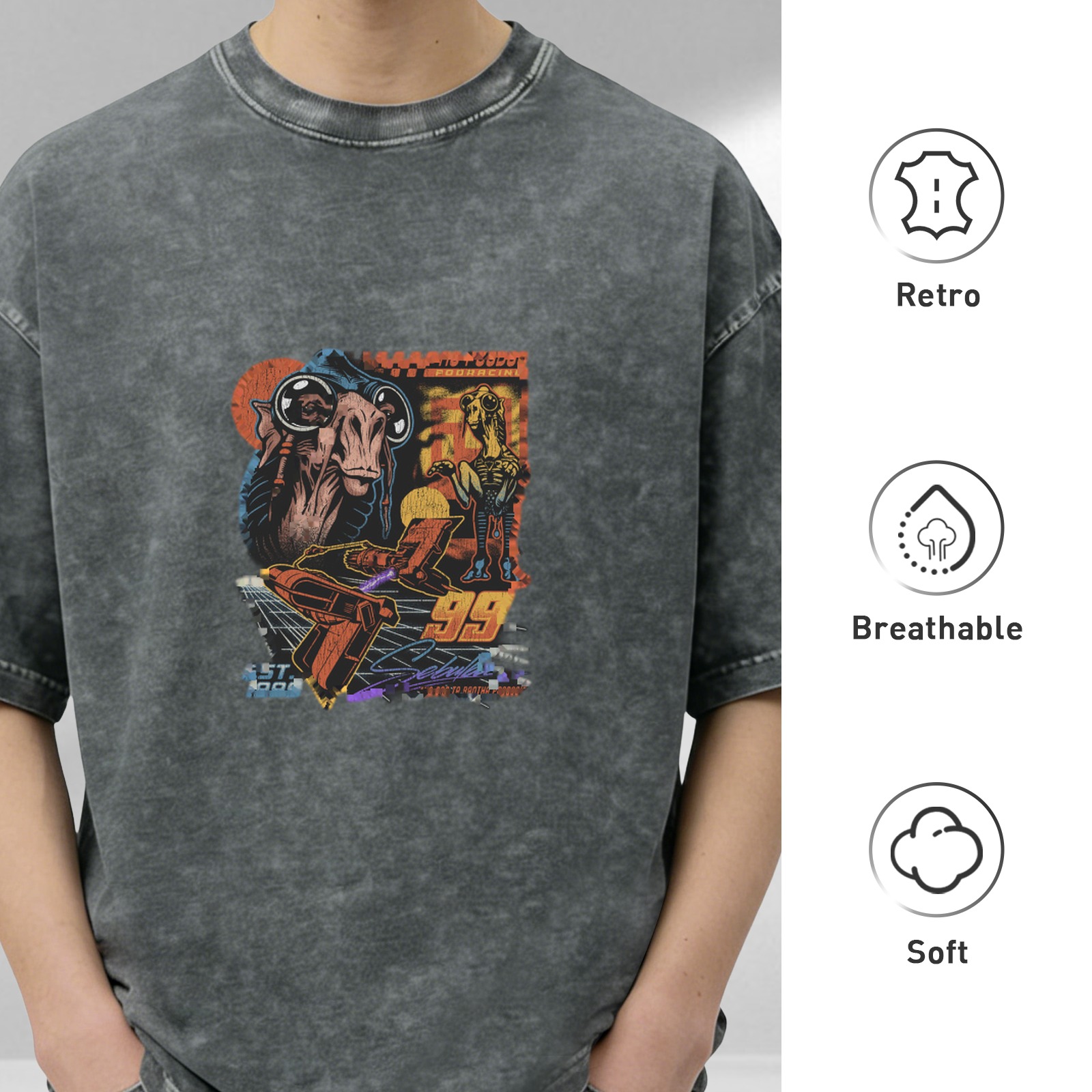Oversized Acid Wash T-Shirt with Retro Sci-Fi Alien Racing Graphic