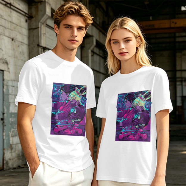 Olive T-shirt with Neon Cyberpunk Anime Character Print