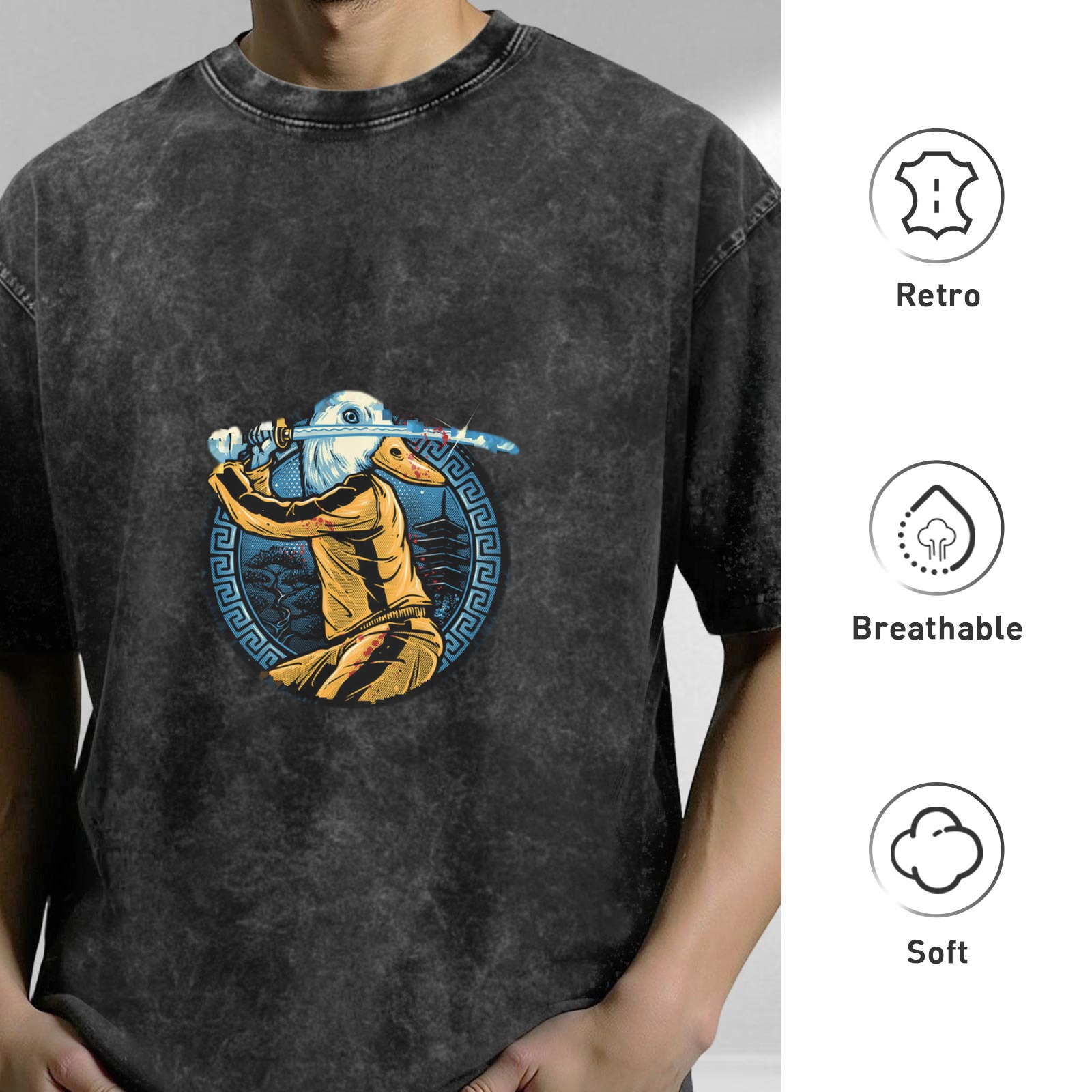 Oversized dark washed t-shirt with duck samurai katana graphic