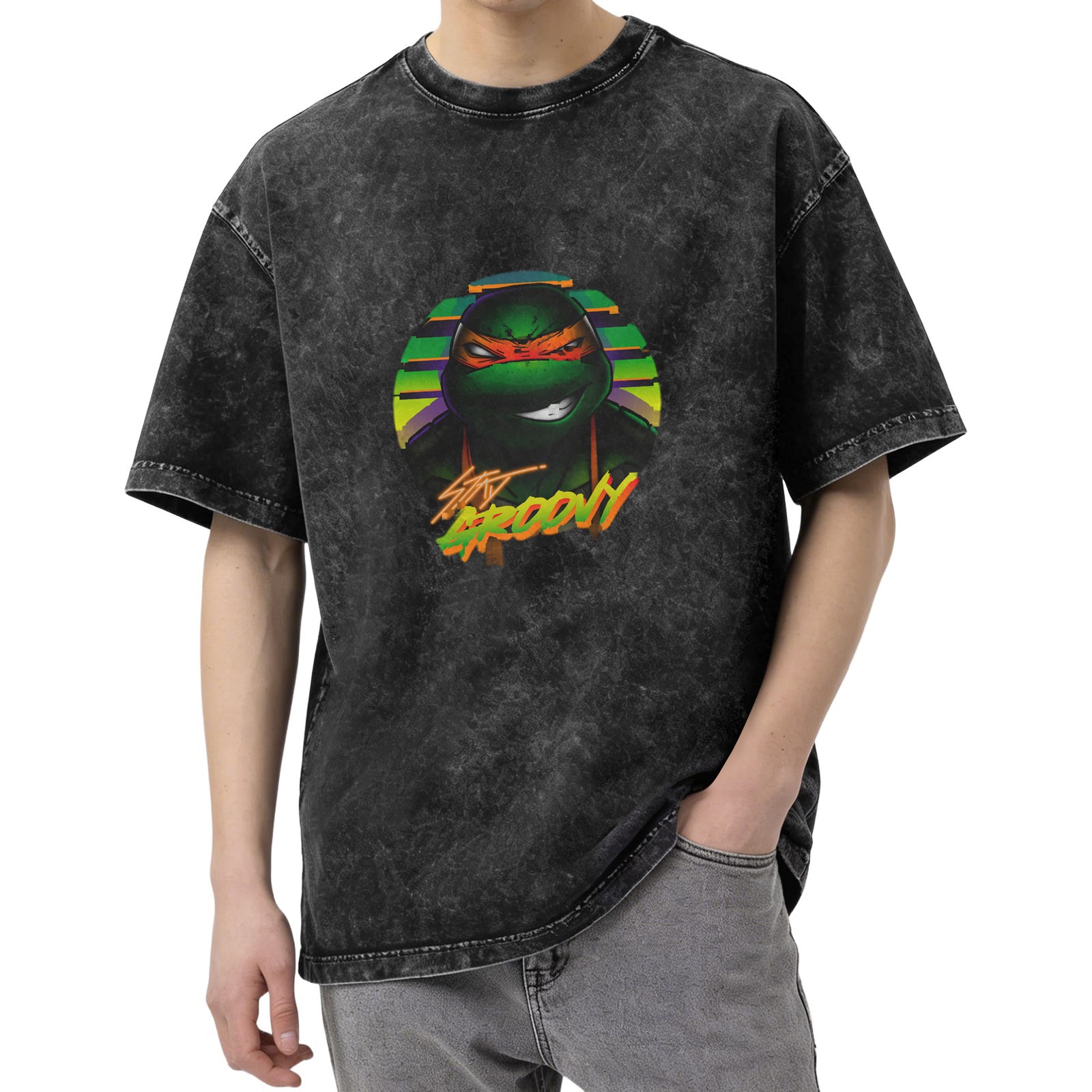 Oversized Dark Wash T-Shirt with Retro Teenage Mutant Ninja Turtle Graphic