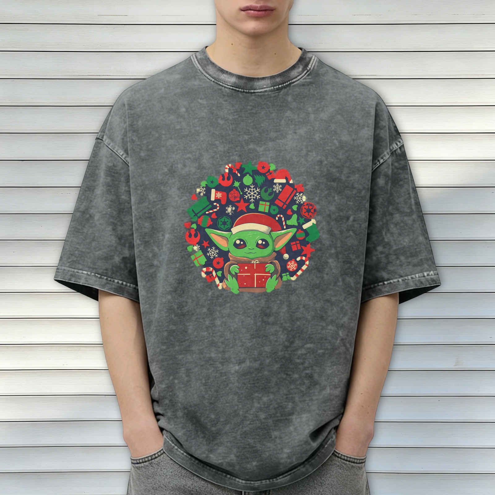 Baby Yoda Christmas Wreath Graphic Stonewashed Black T-Shirt