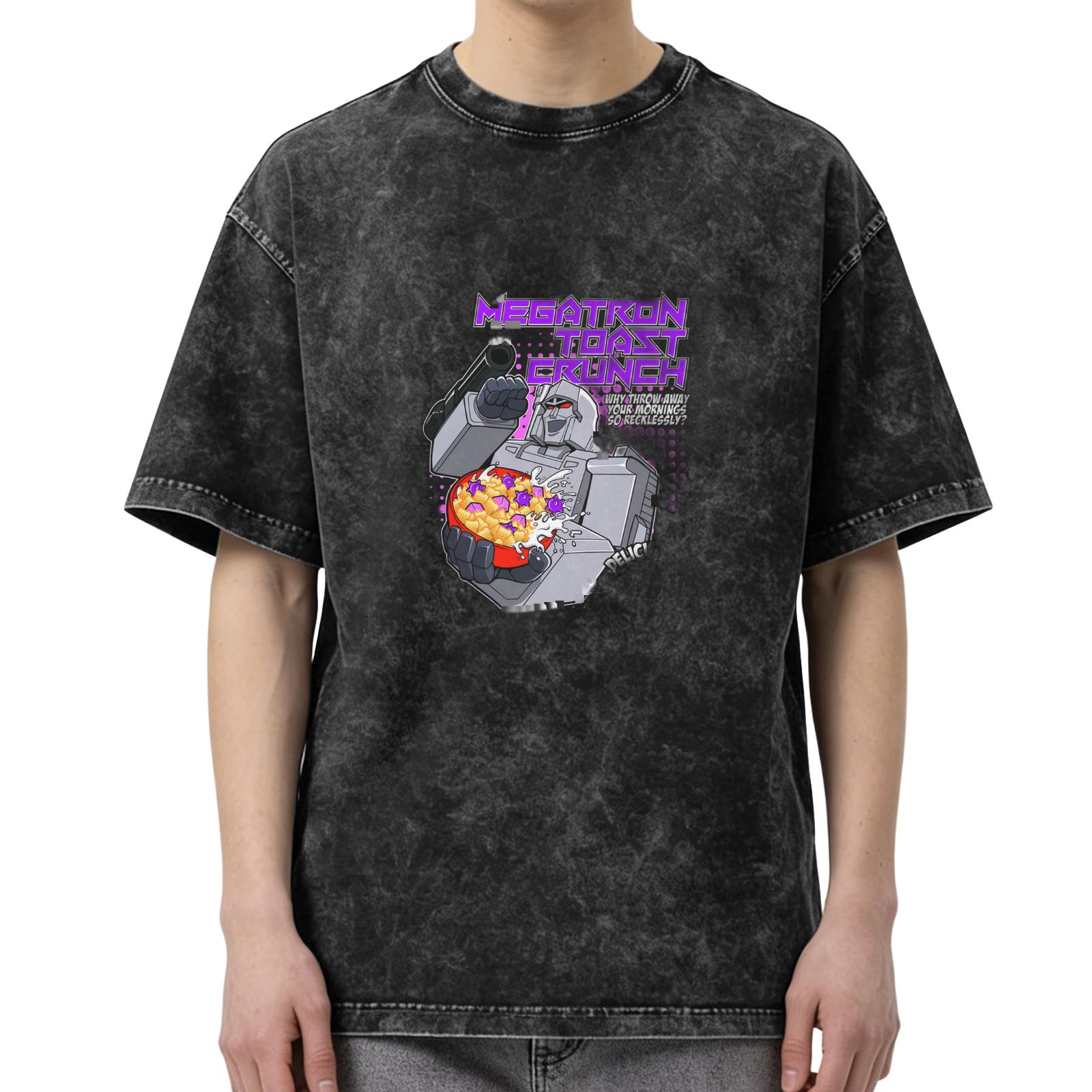 Oversized Acid Wash T-Shirt with Megatron Toast Crunch Graphic