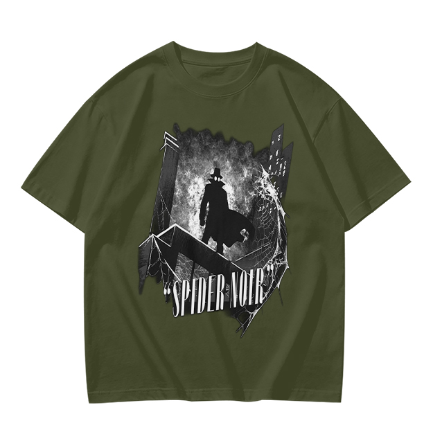 Olive T-Shirt Featuring Spider Noir Silhouette on City Rooftop
