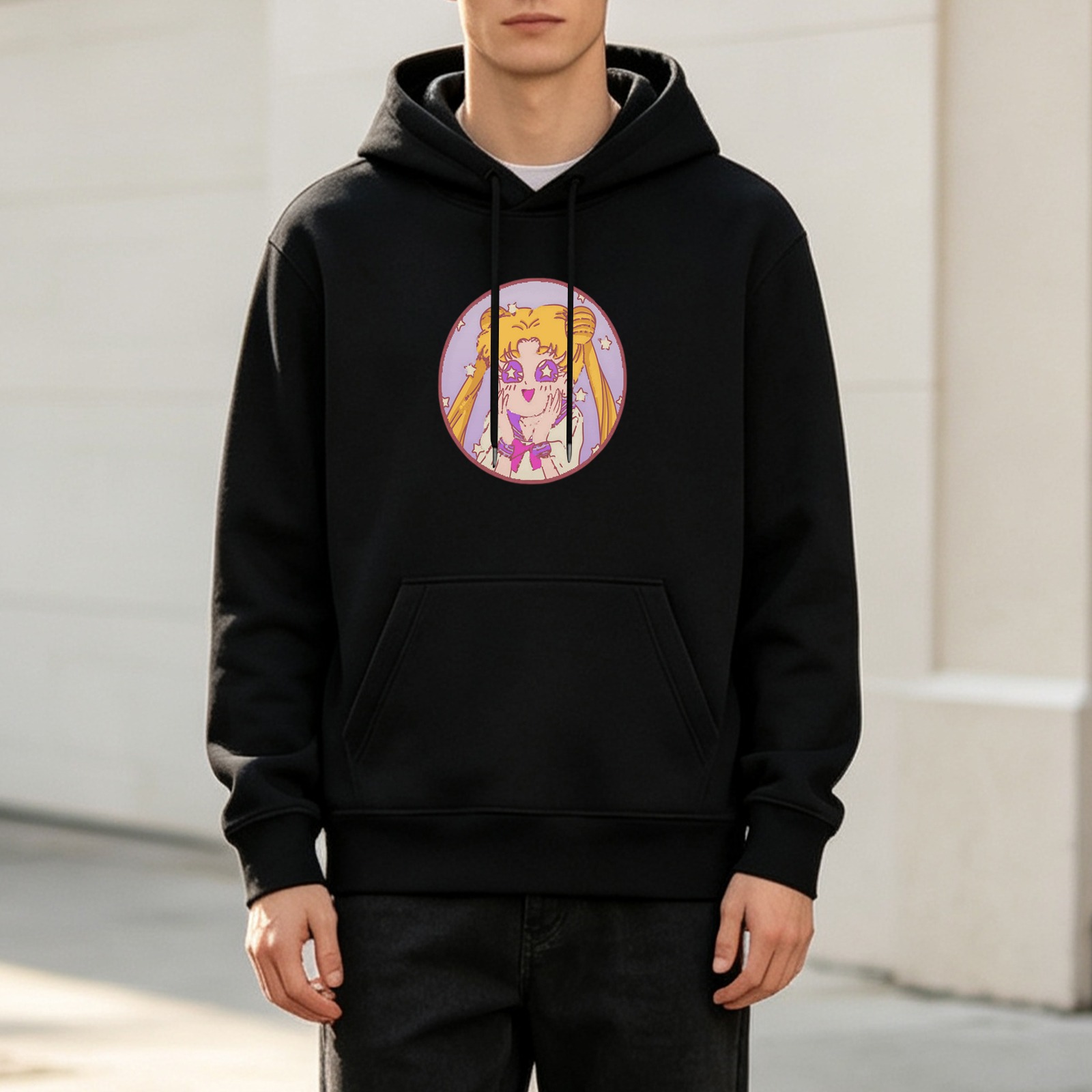 Black Hoodie With Cute Sailor Moon Graphic Print