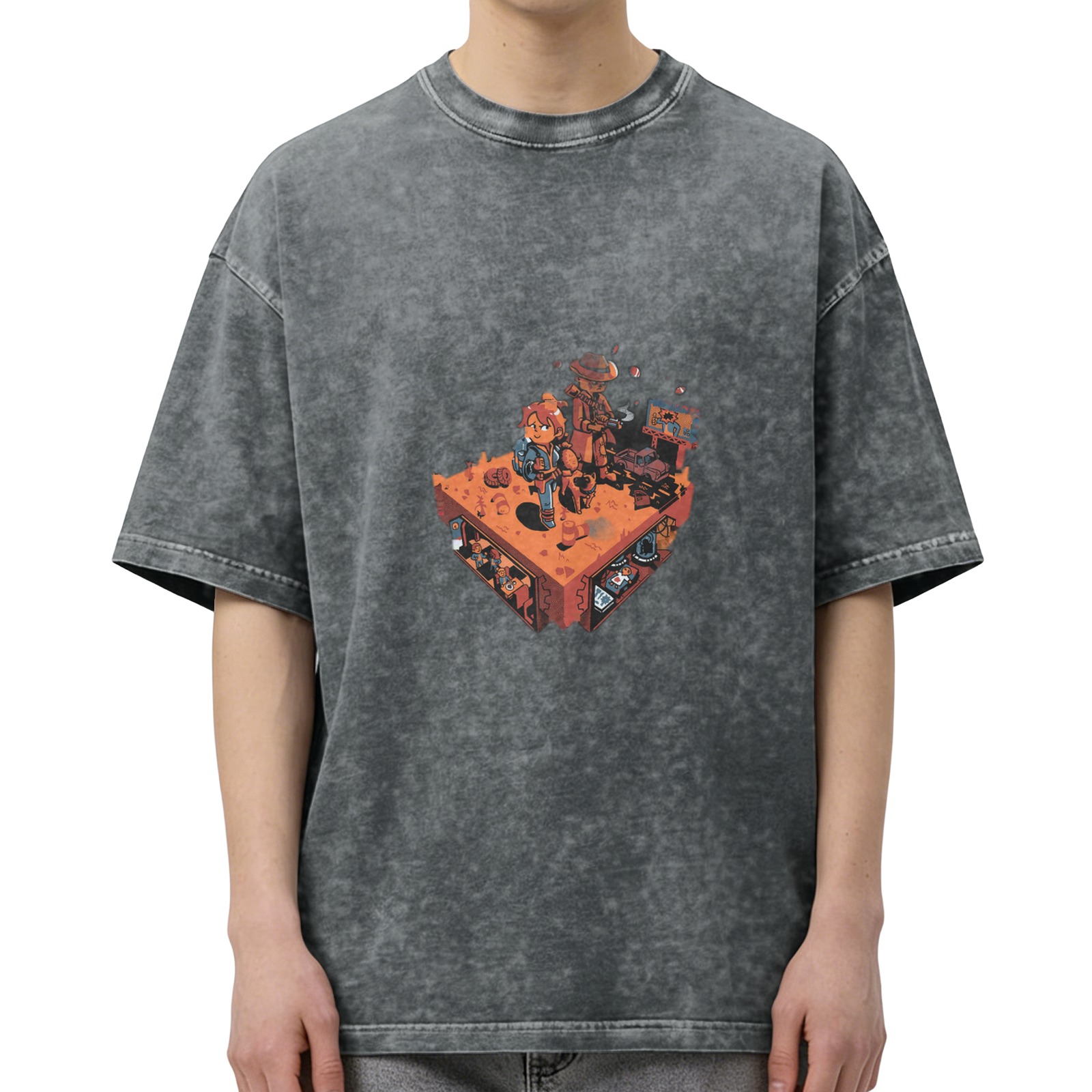 Washed black graphic t-shirt with isometric adventure character print