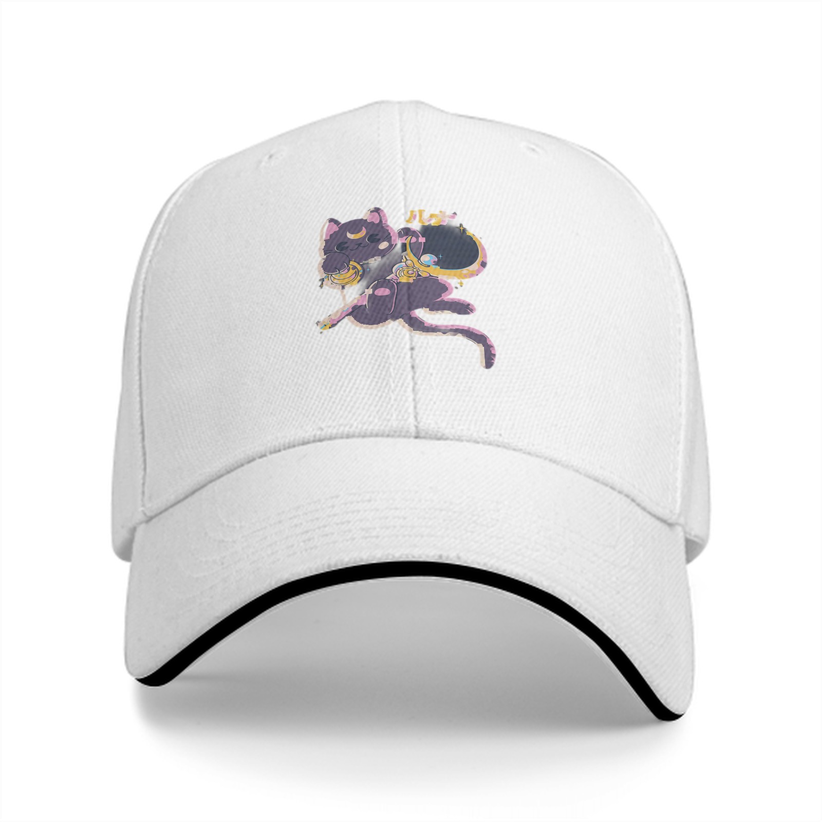 Black baseball cap with cute dark cat moon graphic